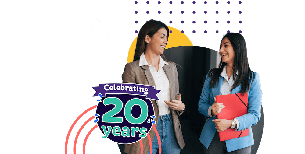 Banner celebrating 20 years of service with the text 'Celebrate with us!', and two women having a conversation.
